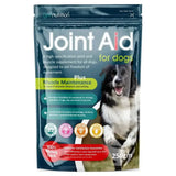 Dark blue resealable pouch of gwf joint aid for dogs muscle supplement with black and white dog image and green accents