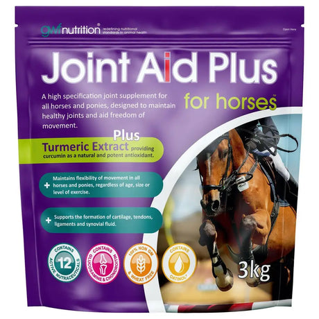 Purple pouch of gwf joint aid plus for horses 3kg joint care supplement with turmeric extract and active nutraceuticals