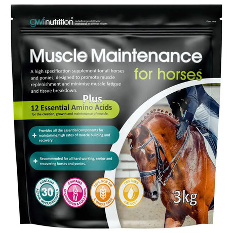 Black pouch of gwf muscle maintenance supplement for horses 3kg with 12 essential amino acids to promote muscle replenishment