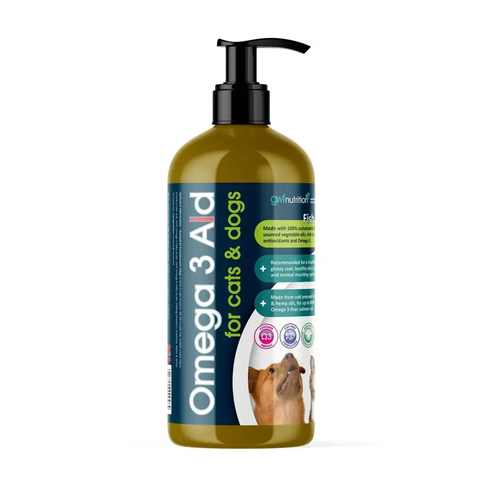 A translucent amber bottle of gwf omega 3 aid for cats and dogs with black pump and green label for coat supplement