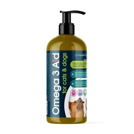 A translucent amber bottle of gwf omega 3 aid for cats and dogs with black pump and green label for coat supplement