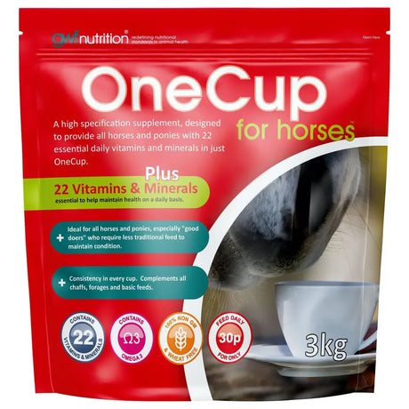 Red pouch of gwf onecup for horses supplement with glossy finish and bold text showing a horse muzzle near a cup, high specification supplement