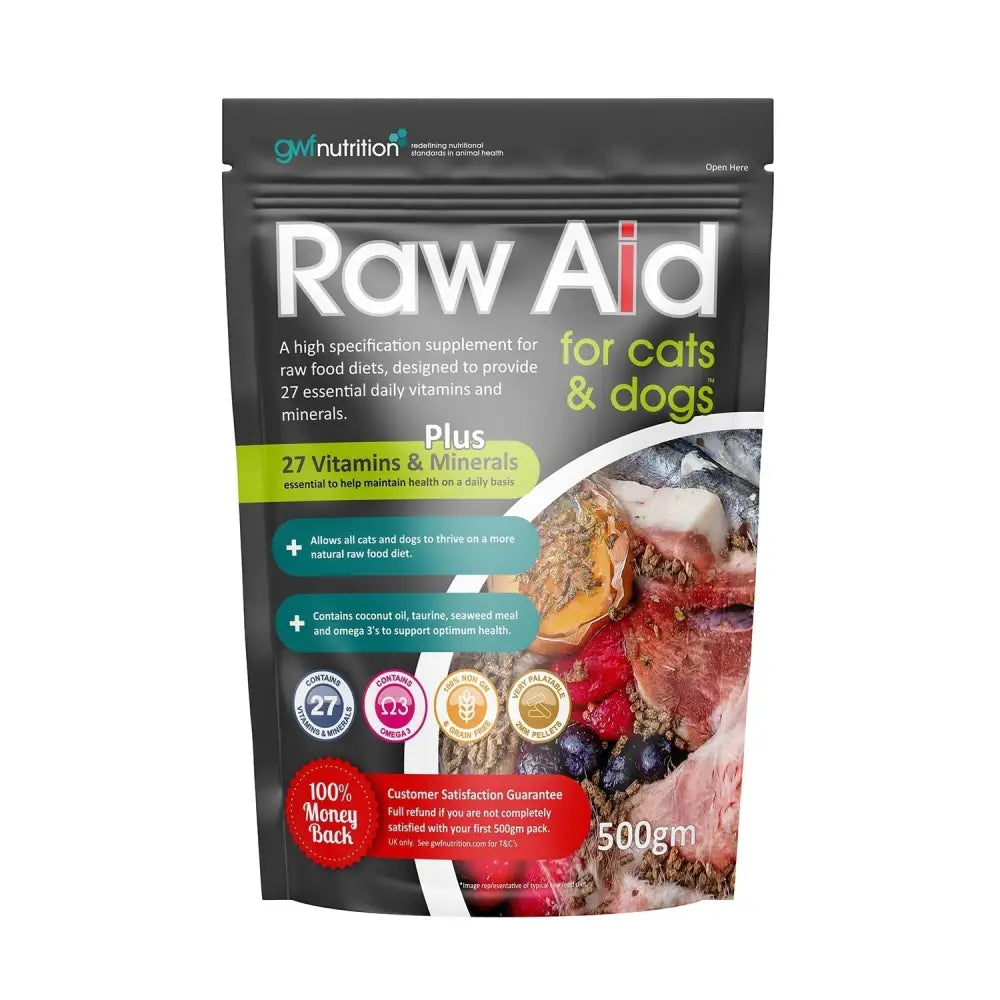 Black and white pouch of gwf raw aid for cats and dogs high specification supplement with 27 essential daily vitamins for raw food diets