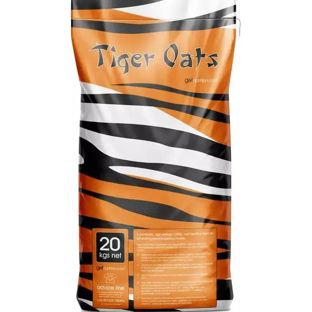 Orange and black tiger striped bag of gwf tiger oats 20kg net weight for feeding tiger oats