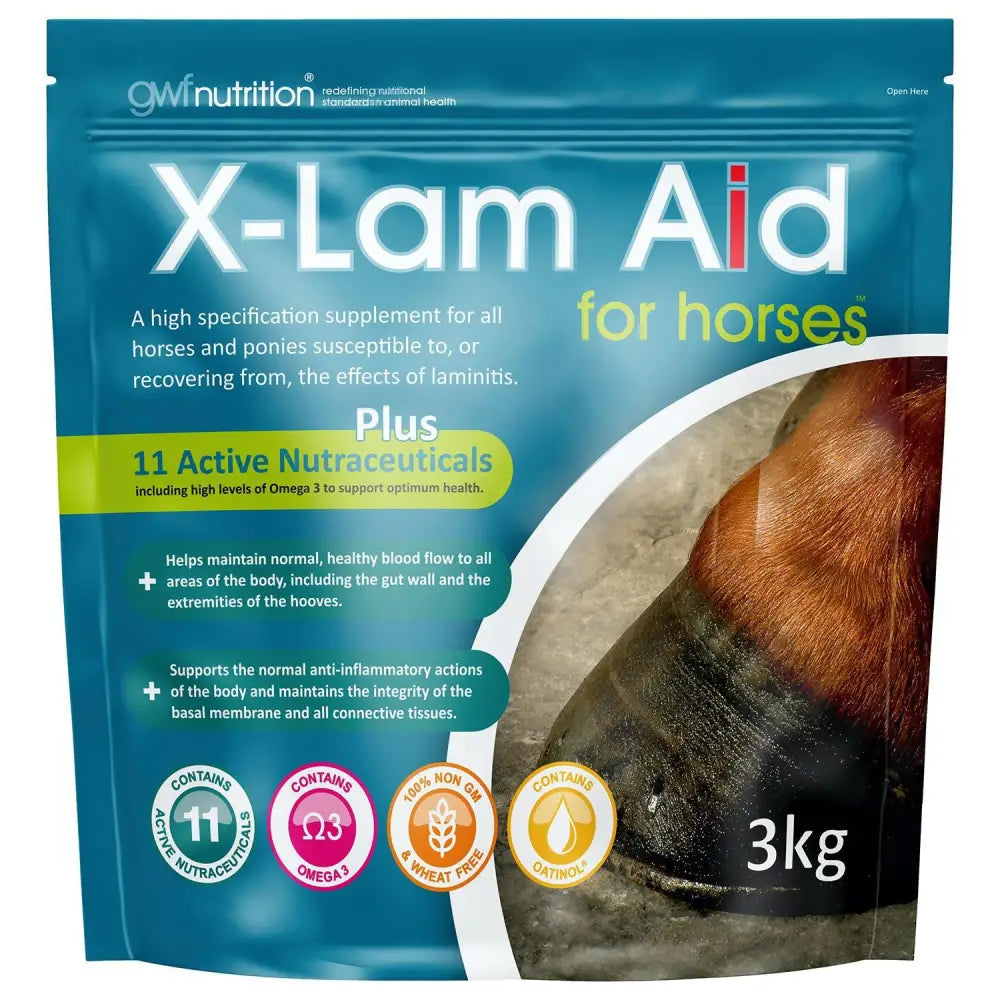Blue and white pouch of gwf x-lam aid pellets 3kg high specification supplement for horse hoof health