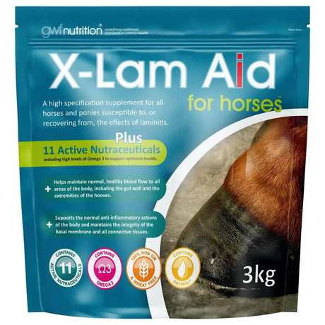 Blue and white pouch of gwf x-lam aid pellets 3kg high specification supplement for horse hoof health