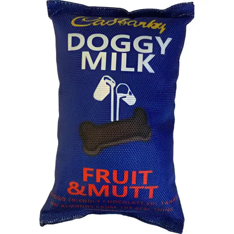 Blue cadbury doggy milk plush toy shaped like a chocolate bag with bone design in cadbarky packet 21cm dog toy