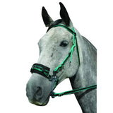 Green and black hackamore bitless bridle with adjustable cheek pieces and nickel plated steel hardware
