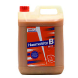 A 5 litre plastic jug of haemavite b plus reddish brown highly palatable supplement with appetising syrup base for healthy blood levels