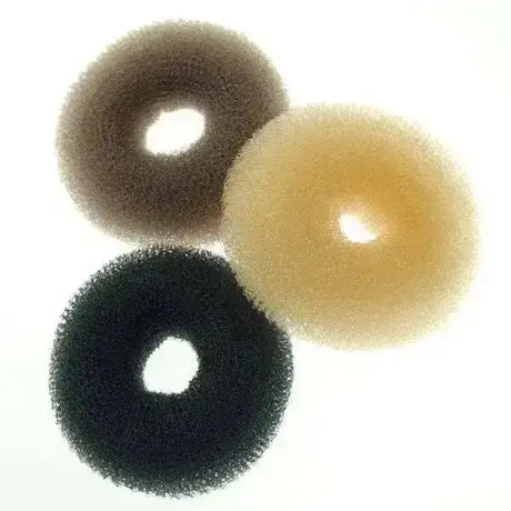 Three small shaped ring hair buns in brown beige and black foam texture for buns hair styling