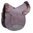 A plush quilted lavender half lined gp numnah with soft brown faux fur trim and gray straps designed for high wither and clear spine movement