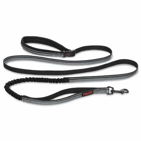 Black and gray reflective halti active lead black with elastic section and metal clasp tie-out tether leash