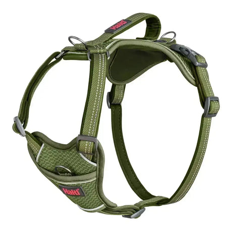 Olive green halti anatomy harness with adjustable straps and gray plastic buckles for comfortable control