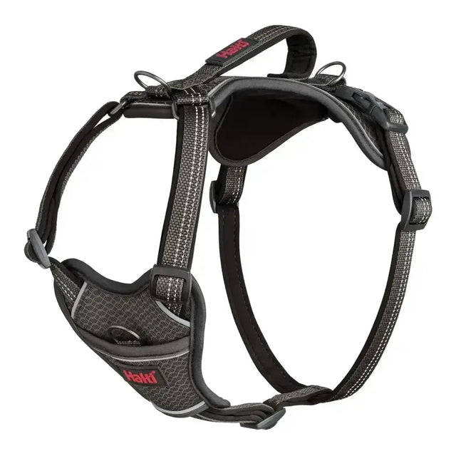 Black and gray halti anatomy harness grey with reflective stripes and adjustable straps for safe dog walking