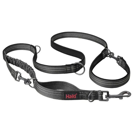 Black halti anatomy multi lead grey dog leash with reflective gray stripes and metal hardware for safety and control