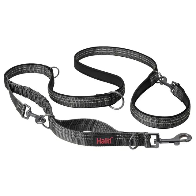 Black halti anatomy multi lead grey dog leash with reflective gray stripes and metal hardware for safety and control