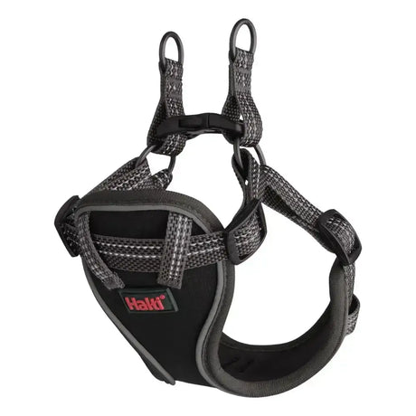 Black haki halti anatomy puppy harness with gray reflective webbing and adjustable straps for secure fit