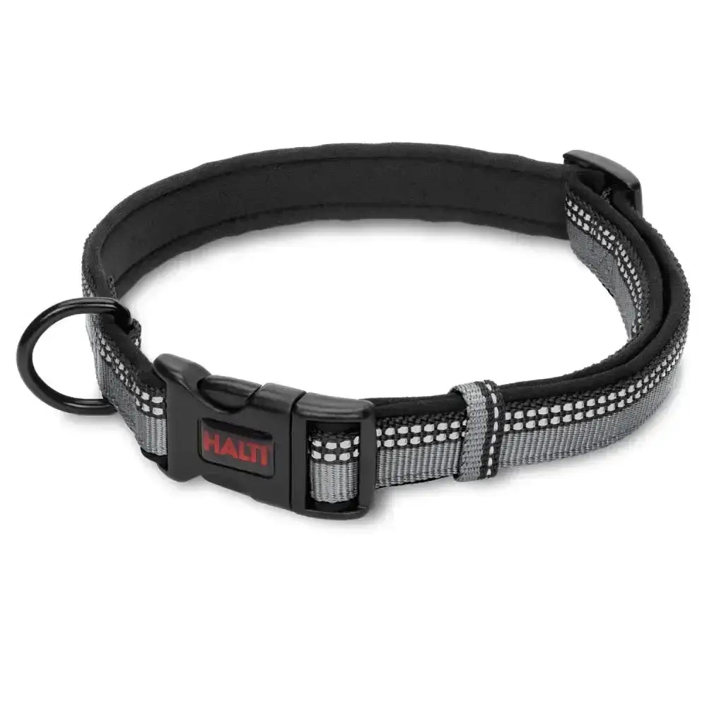 Black and gray halti comfort collar with button release clasp metal d ring and ruffwear logo practical collar