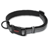 Black and gray halti comfort collar with button release clasp metal d ring and ruffwear logo practical collar
