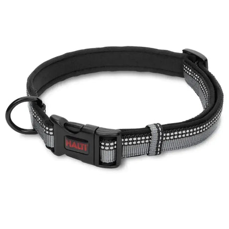 Halti comfort collar in black with gray reflective trim featuring a button release clasp and metal d-ring by ruffwear