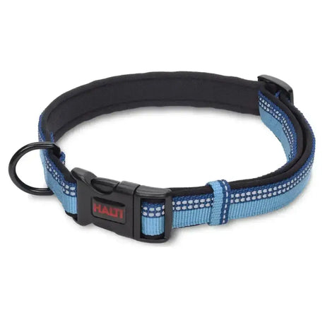 Halti comfort collar blue with button release clasp features a blue reflective practical collar with black padding and haut label