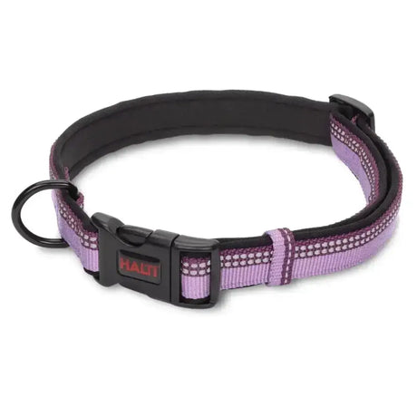 Purple halti comfort collar with reflective soft padded interior and black button release clasp for extra comfort