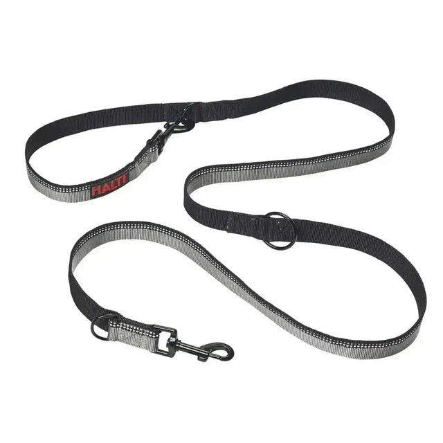Black halti double ended lead with reflective silver stripes and metal hardware for great versatility walking dogs