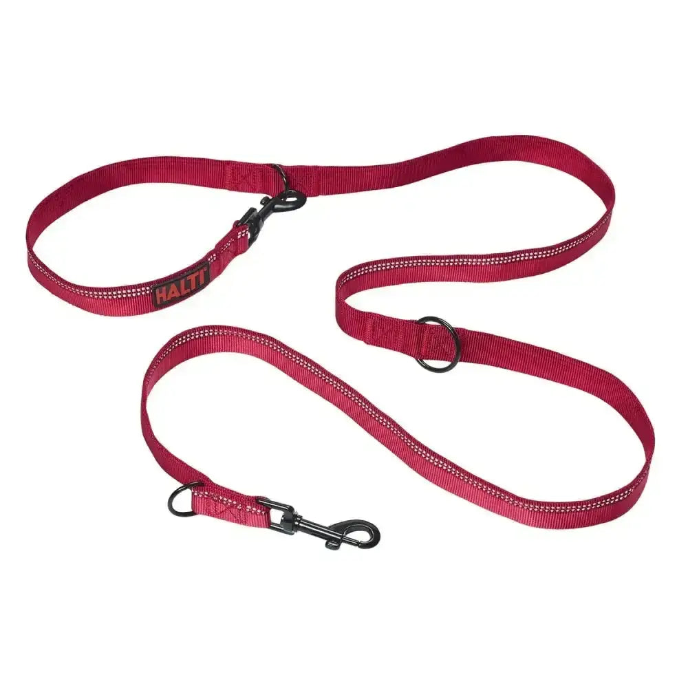 Red halti double ended lead with black metal hardware and reflective stitching for great versatility