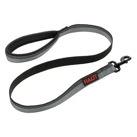 Halti lead black dog lead with black and gray reflective material, padded handle, metal clasp, and halti brand logo