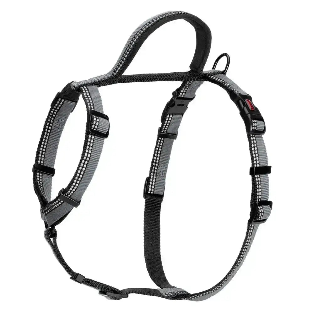 Gray and black reflective halti walking harness with adjustable straps and buckle closures for dogs