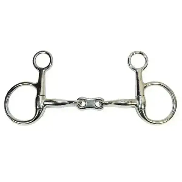 Shiny silver metal hanging cheek french link bit with smooth polished finish and two circular rings on each end