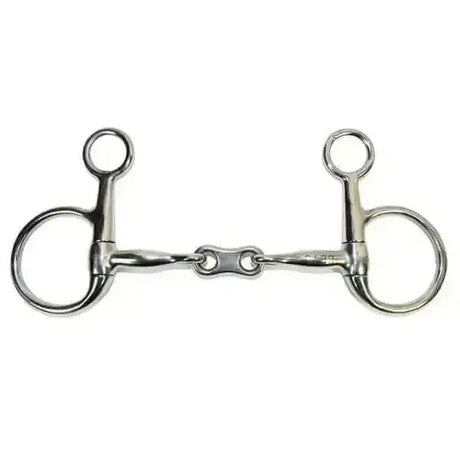 Shiny silver metal hanging cheek french link bit with smooth polished finish and two circular rings on each end