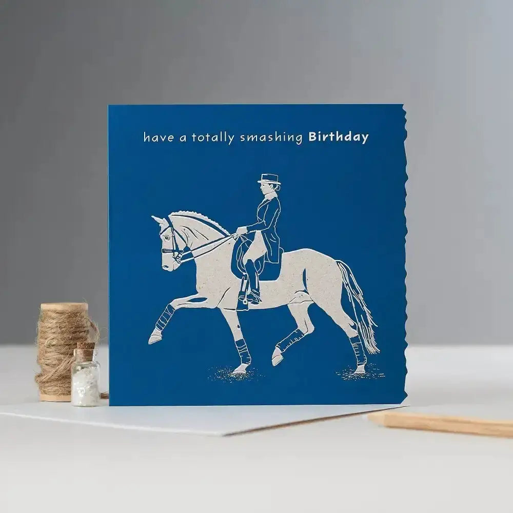 Blue pony card happy birthday card with white equestrian rider silhouette individually cello wrapped for totally smashing birthday