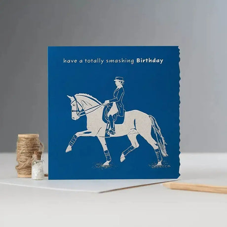 Blue pony card happy birthday card with white equestrian rider silhouette individually cello wrapped for totally smashing birthday