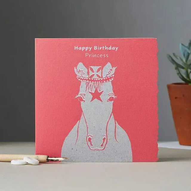 Happy birthday card princess with original watercolour design of white horse crown and natural fleck background