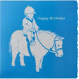 Happy birthday card shetland pony with original watercolour design and unique die-cut edging on blue background
