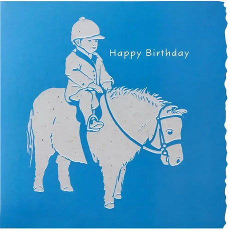 Happy birthday card shetland pony with original watercolour design and unique die-cut edging on blue background