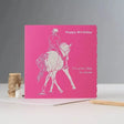 A vibrant pink happy birthday card with white textured line-art of an equestrian rider blank inside individually cello wrapped