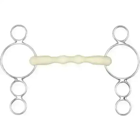 Silver metal happy mouth ring dutch gag bit with pale yellow textured rubber center for horse riding control