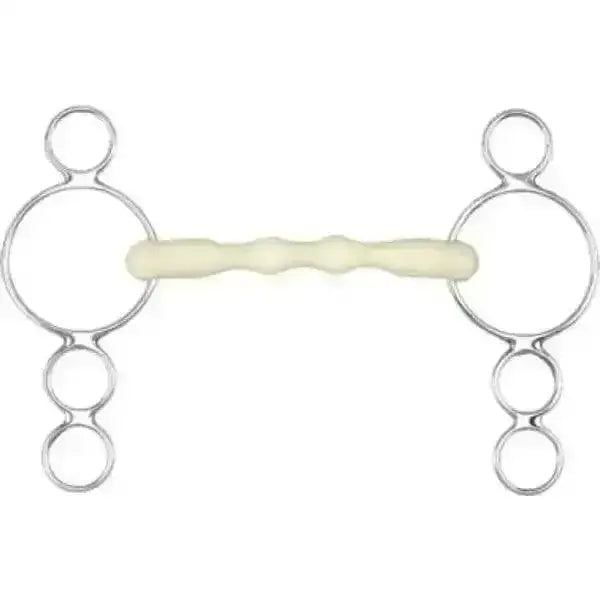 Silver metal happy mouth ring dutch gag bit with pale yellow textured rubber center for horse riding control