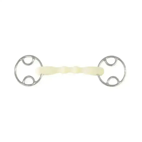 A pale yellow textured rubber happy mouth beval bit shaped straight bar with polished silver metal rings and classic design