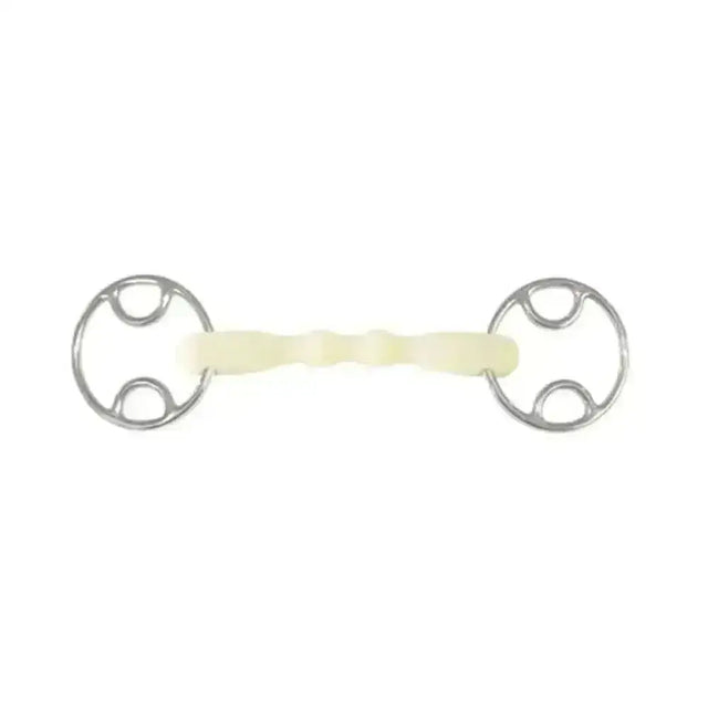 A pale yellow textured rubber happy mouth beval bit shaped straight bar with polished silver metal rings and classic design