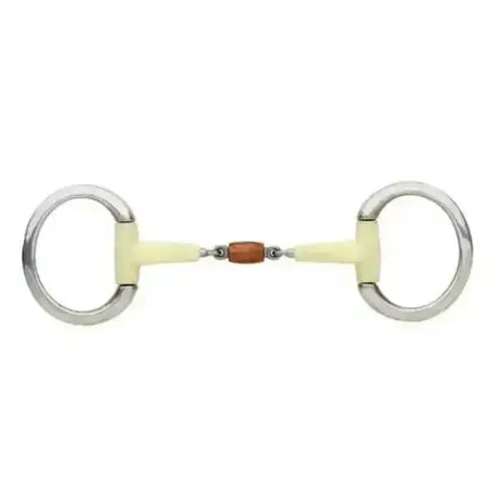 Silver-toned happy mouth bits contour eggbutt with pale yellow rubber mouthpiece and central brown wooden block