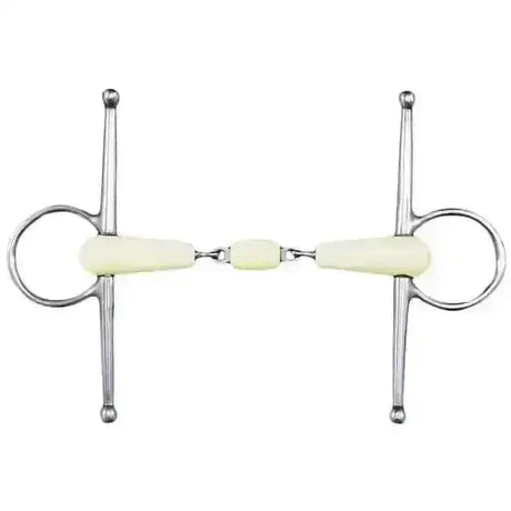 Silver-toned happy mouth bits full cheek double jointed roller with pale yellow ivory synthetic mouthpiece and joint
