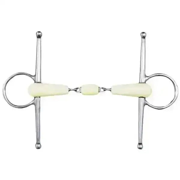 Silver-toned happy mouth bits full cheek double jointed roller with pale yellow ivory synthetic mouthpiece and joint