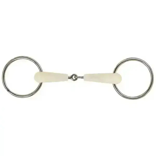 A white smooth-edged happy mouth bits loose ring jointed horse bit with a central metal joint and circular rings