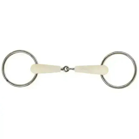 A white smooth-edged happy mouth bits loose ring jointed horse bit with a central metal joint and circular rings