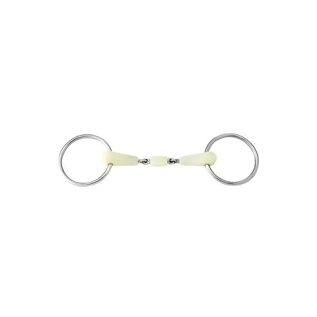 A sleek pale yellow happy mouth bits loose ring plastic roller horse bit with polished silver metal rings and central joint