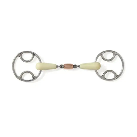Silver horsebit with cream handles and rose gold connector in happy mouth copper roller beval horse bit design
