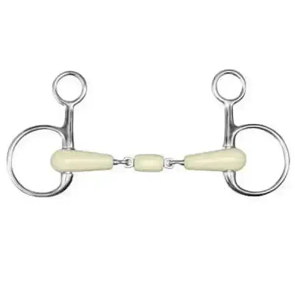 Happy mouth double jointed boucher silver hanging cheek bits with pale yellow double jointed mouthpiece sections